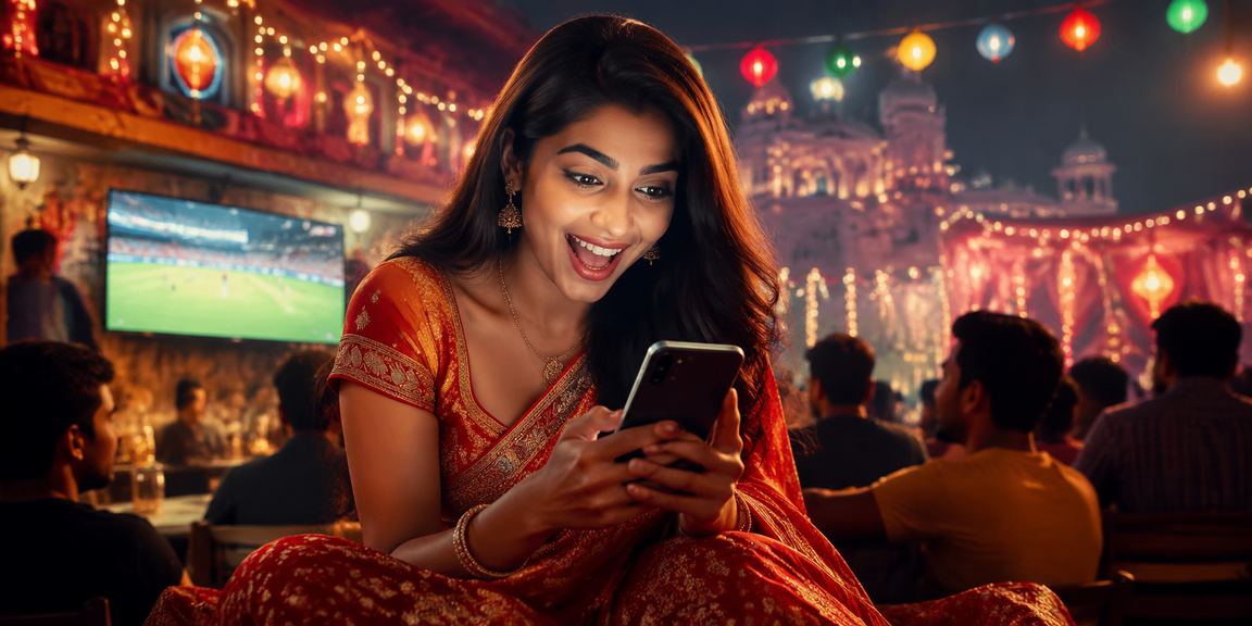 Woman enjoying cricket betting on mobile device