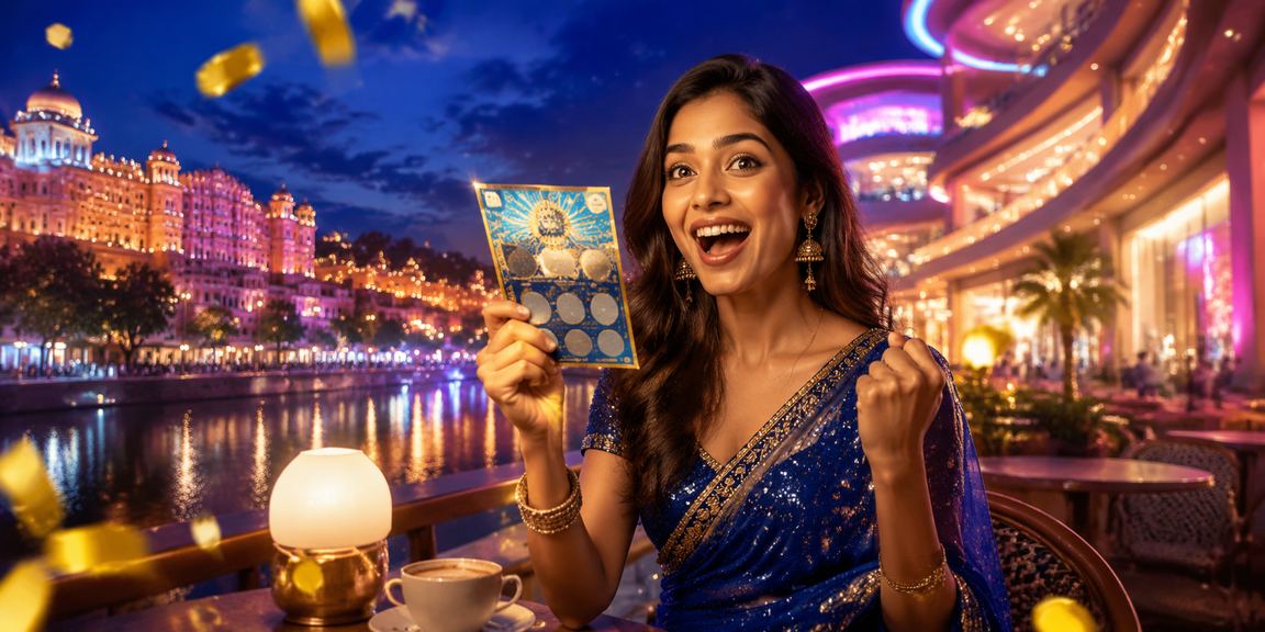 Bright Jaipur marketplace with blue and gold themed decorations